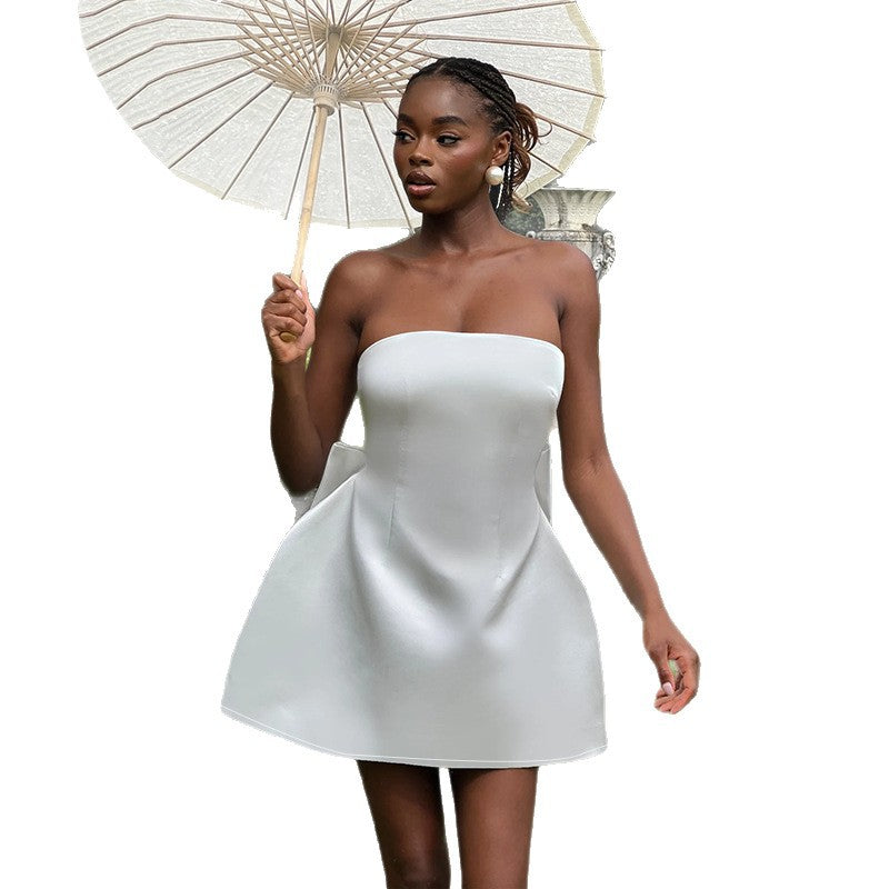 JY25204 tube top sexy backless bow satin dress short skirt women's European and American style cross-border temperament dress