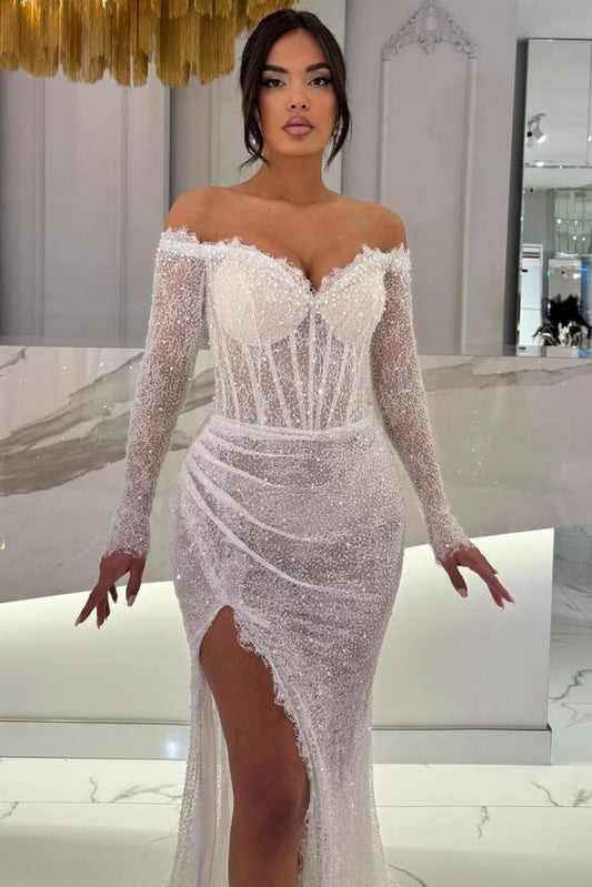 RjerStore Off-the-shoulder Strapless Long Sleeve Sheath Prom Dresses With Split