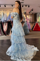 RjerStore Off-the-shoulder Tulle Cascading Ruffles Prom Dresses With Split