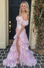RjerStore Off-the-shoulder Tulle Cascading Ruffles Prom Dresses With Split