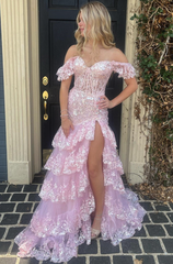 RjerStore Off-the-shoulder Tulle Cascading Ruffles Prom Dresses With Split