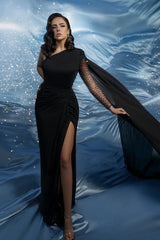 RjerStore One Shoulder Sheath Illusion Sleeve Watteau Train Prom Dresses With Split