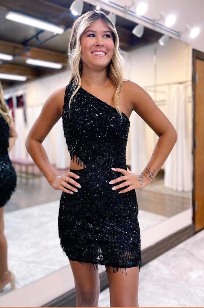 Gorgeous Glitter One-Shoulder Black Sequined Homecoming Party Dress