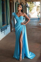 Sky Blue Prom Dresses Mermaid One Shoulder Custom Made Long Sleeves Side Slit Beaded Lace Evening Gowns Plus Size