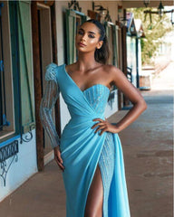Sky Blue Prom Dresses Mermaid One Shoulder Custom Made Long Sleeves Side Slit Beaded Lace Evening Gowns Plus Size