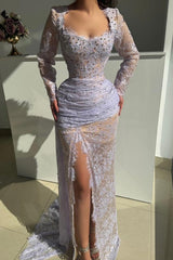 Rjerstore Scoop Neck Long Illusion Sleeve Lace Sheath Prom Dresses With Split