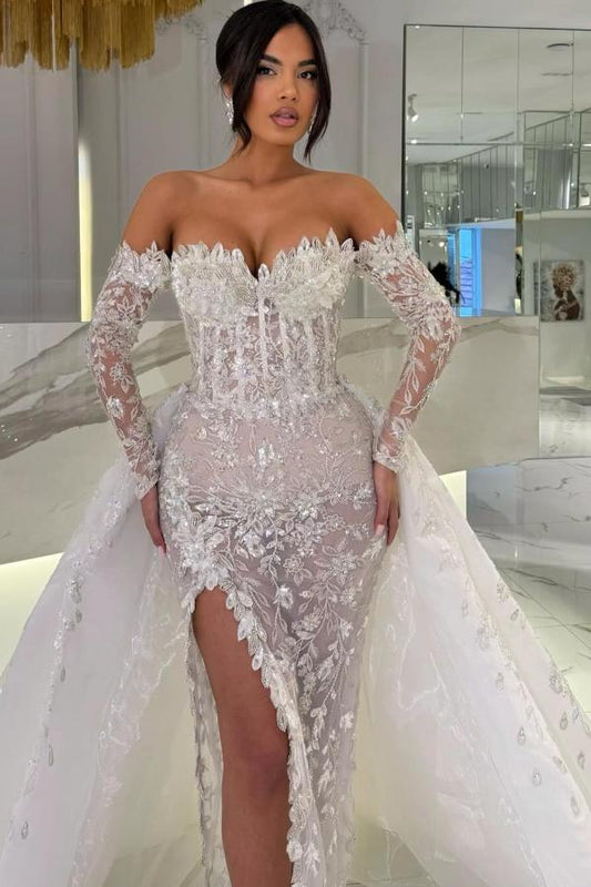 RjerStore Sweetheart Neckline Long Illusion Sleeve Applique Prom Dresses With Split