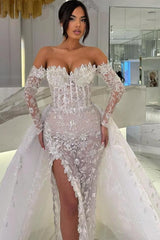 RjerStore Sweetheart Neckline Long Illusion Sleeve Applique Prom Dresses With Split