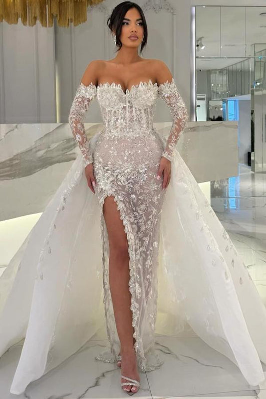 RjerStore Sweetheart Neckline Long Illusion Sleeve Applique Prom Dresses With Split