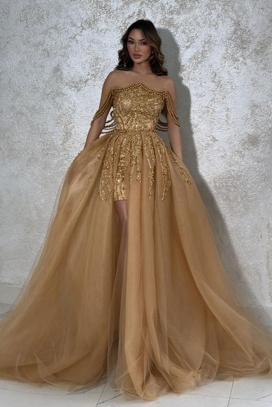 RjerStore Two Piece A Line Off-the-shoulder Sleeveless Beads Prom Dresses