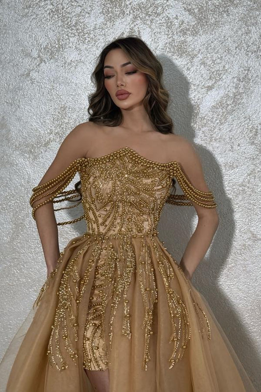 RjerStore Two Piece A Line Off-the-shoulder Sleeveless Beads Prom Dresses
