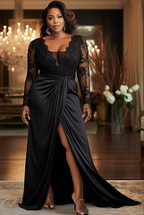RjerStore V-Neck Illusion Long Sleeve Draped Mermaid Prom Dresses With Split