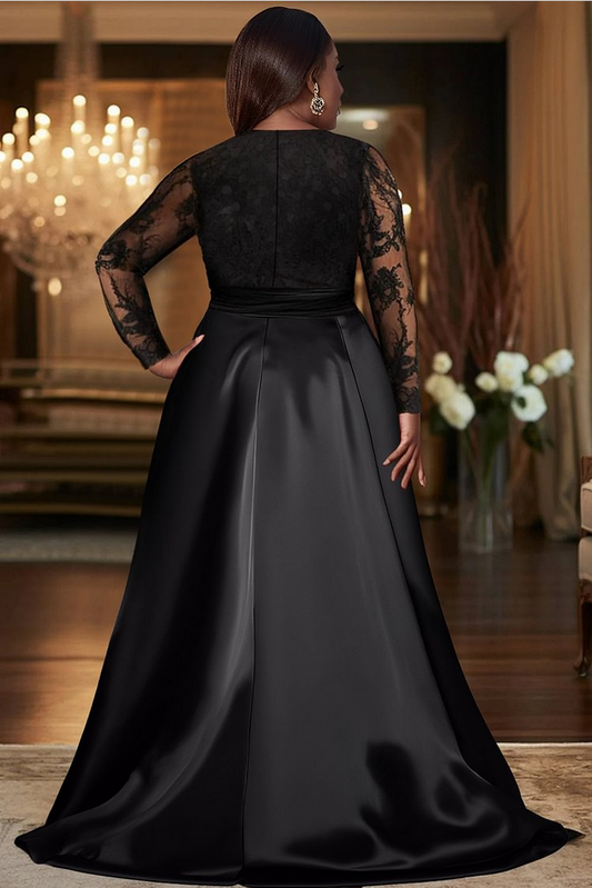 RjerStore V-Neck Illusion Long Sleeve Draped Mermaid Prom Dresses With Split
