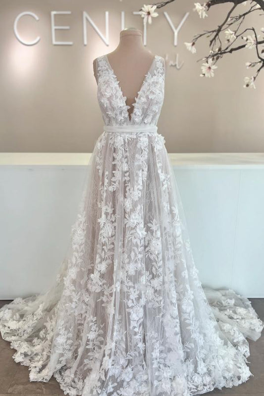 RjerStore V-Neck Spaghetti Sash Applique Backless Tulle Prom Dresses