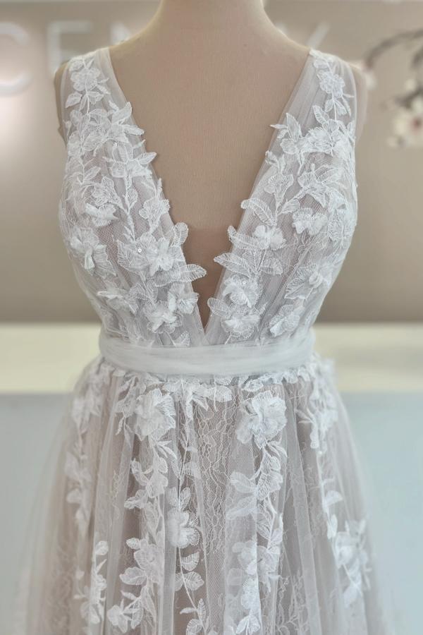 RjerStore V-Neck Spaghetti Sash Applique Backless Tulle Prom Dresses
