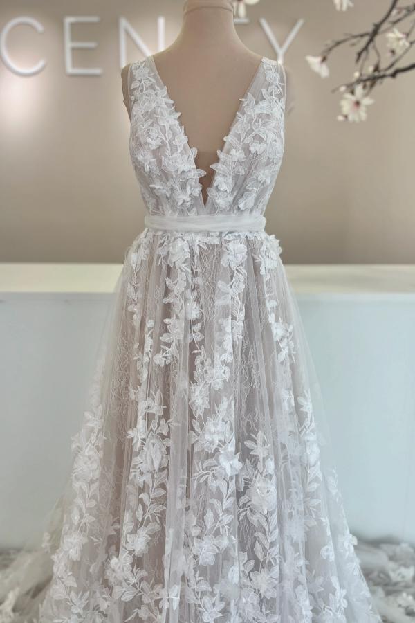 RjerStore V-Neck Spaghetti Sash Applique Backless Tulle Prom Dresses