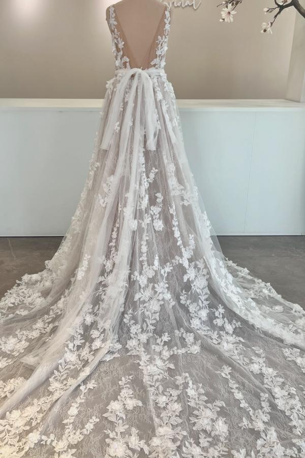 RjerStore V-Neck Spaghetti Sash Applique Backless Tulle Prom Dresses