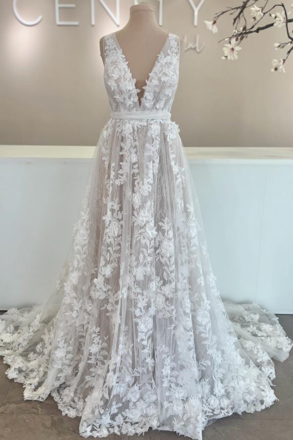 RjerStore V-Neck Spaghetti Sash Applique Backless Tulle Prom Dresses