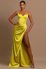 Daffodil Long Prom Dress Halter Sleeveless Gown with Pleated Slit