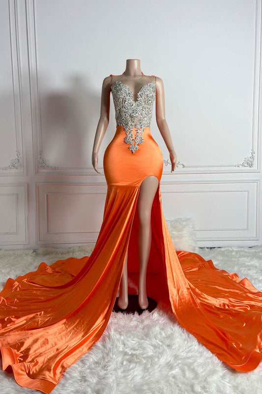 Fabulous Orange Scoop Sleeveless Mermaid Prom Gown With Split Beadings