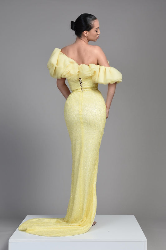 New Arrival Dffodil Sequins Prom Dress Mermaid Split Off-the-Shoulder