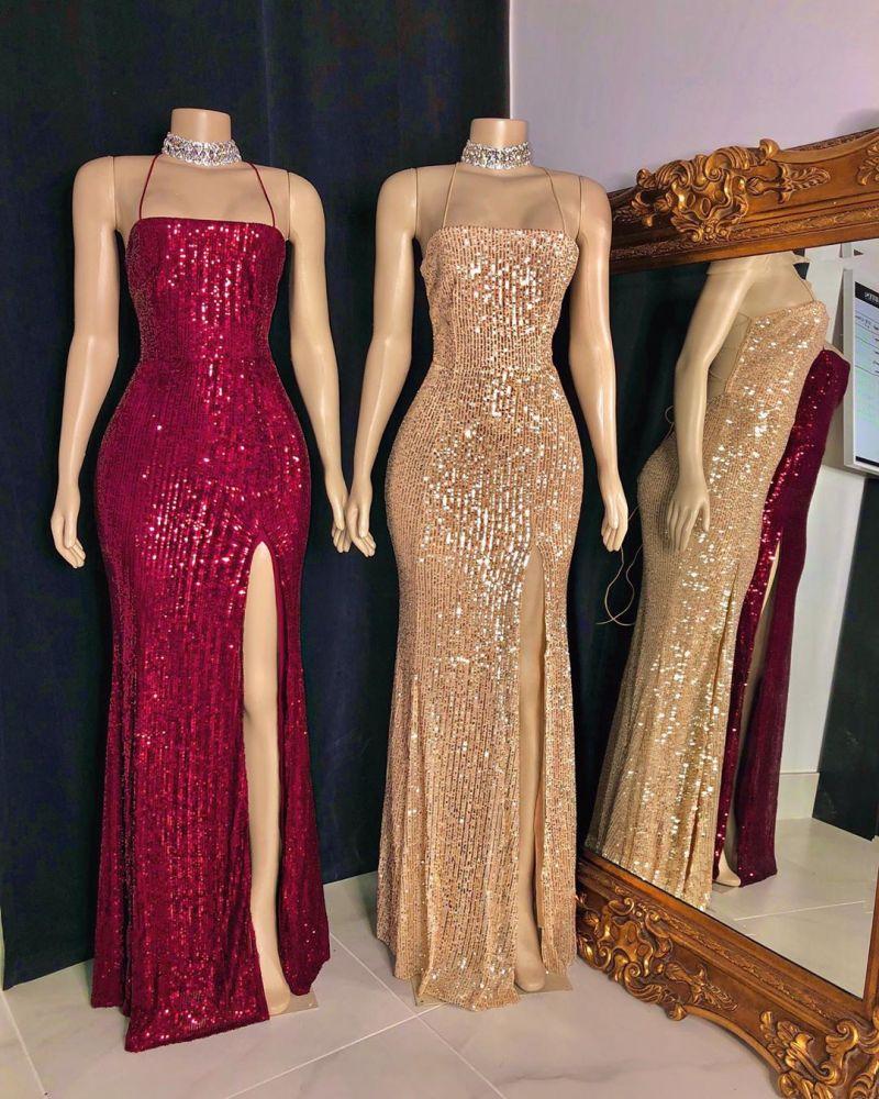 Sequins Mermaid Long Prom Dress Spaghetti-Straps On Sale