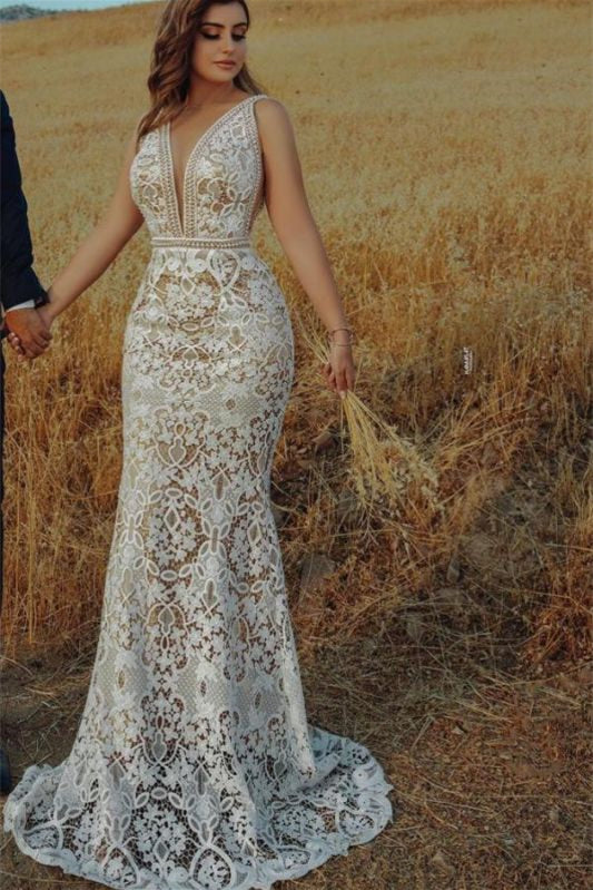 Empire Mermaid Wedding Dress with V Neck and Beaded Lace