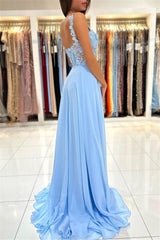 Charming Sky Blue Sleeveless Prom Dress Long Chiffon Slit With Lace Appliques