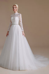 Elegant A-line Wedding Gown with High Neck, Long Sleeves, and Tulle Lace