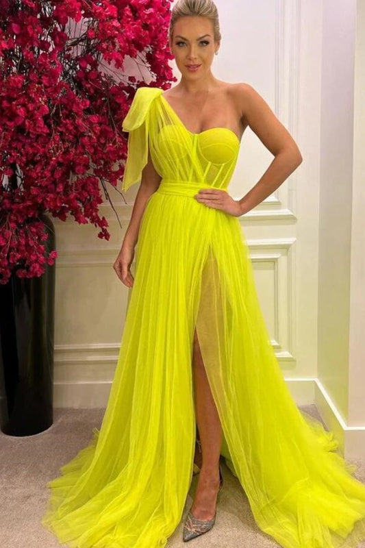 Yellow One-Shoulder Tulle Prom Dress A-Line with Long Split