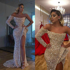 One Shoulder Long Sleevess Sequins Beadings Prom Dress Mermaid With Slit