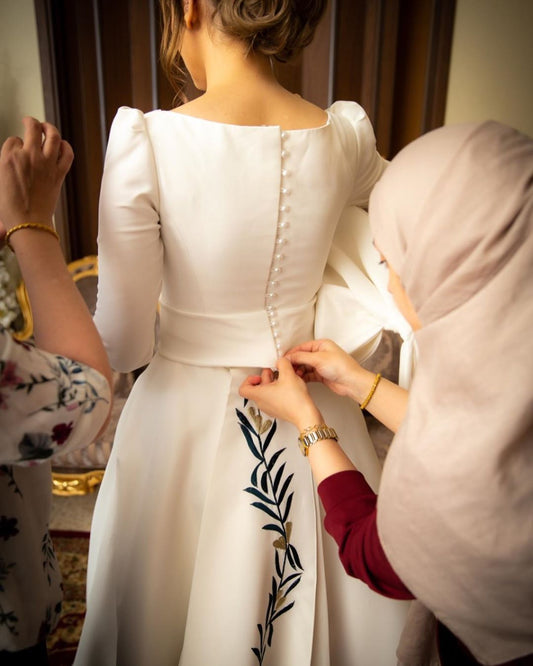 Elegant Long Sleeve Bateau Satin A-line Bridal Gown