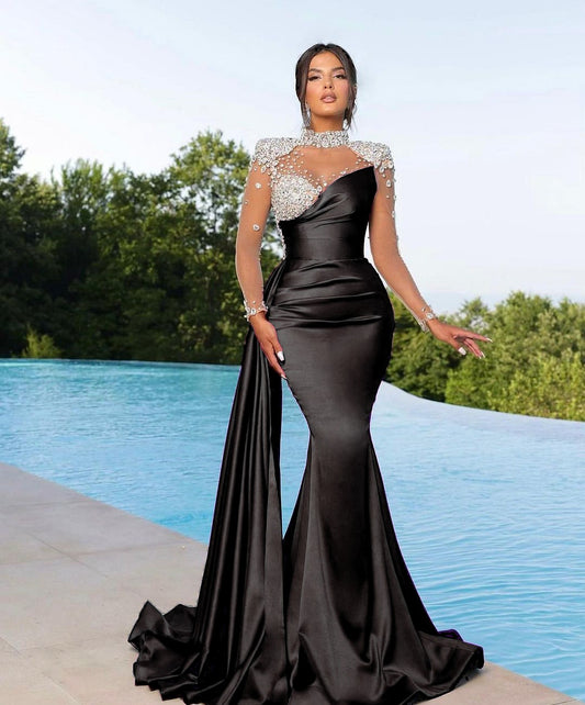 Purple Prom Dress Long Mermaid Satin With Trail Beadings Long Sleeves