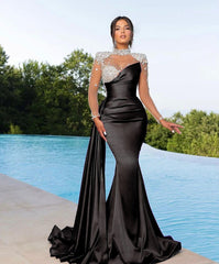 Purple Prom Dress Long Mermaid Satin With Trail Beadings Long Sleeves