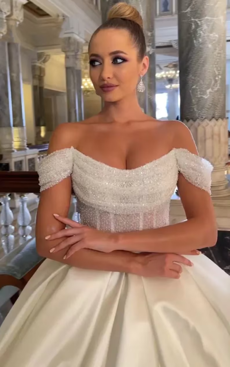 Elegant Off-The-Shoulder Satin Bridal Gown with Sequins