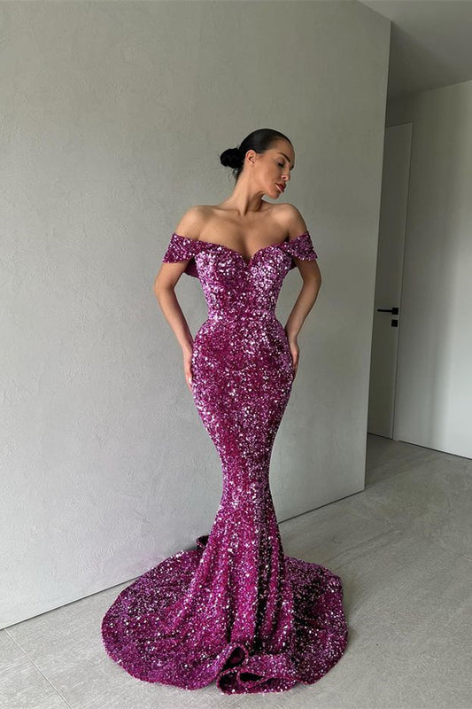 Classy Off-the-Shoulder Mermaid Prom Dress Long Sequins