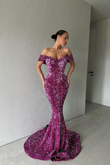 Classy Off-the-Shoulder Mermaid Prom Dress Long Sequins