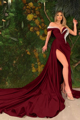  Gorgeous Red Beadings Prom Dress V-Neck Off-the-Shoulder High Slit