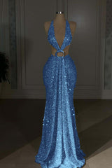 Glamorous Gold Halter Backless Sequin Evening Dress