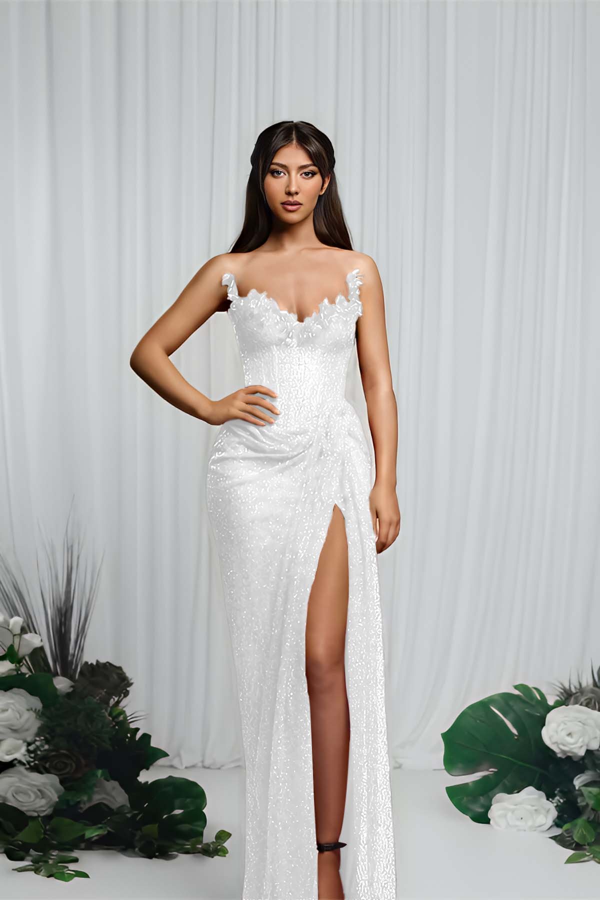 Gorgeous Red V-Neck Sequin Mermaid Prom Dress Sleeveless High Split