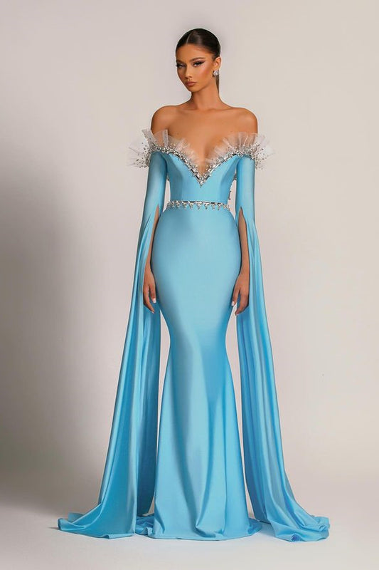 Stunning Blue Ruffle Long Sleeves Prom Dresses Mermaid Off-the-Shoulder With Beads