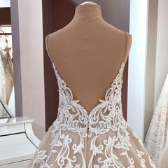 Elegant V-neck A-Line Wedding Gown with Spaghetti Straps, Backless Design, and Appliques Lace Tulle