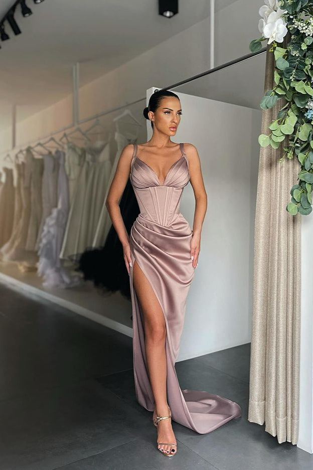 Starps V-Neck Split Prom Dress Long Sleevesless Evening Party Gowns