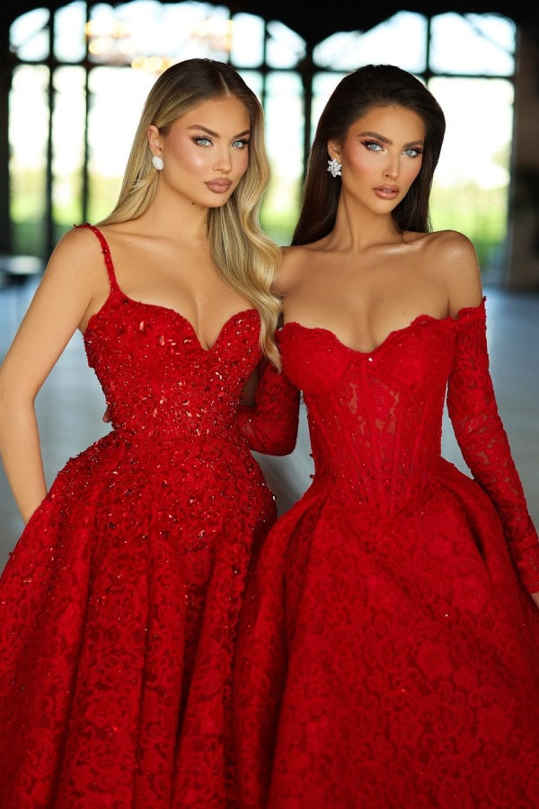 Red Spaghetti Strap A-Line Sequins Prom Dress Sleeveless with Appliques