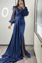 Classy Long Sleeves V-Neck  Mermaid Prom Dress Long With Ruffles Sequins