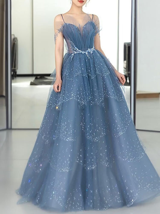 A Line Tulle Sweetheart Off the Shoulder Beaded Open Back Evening Dress