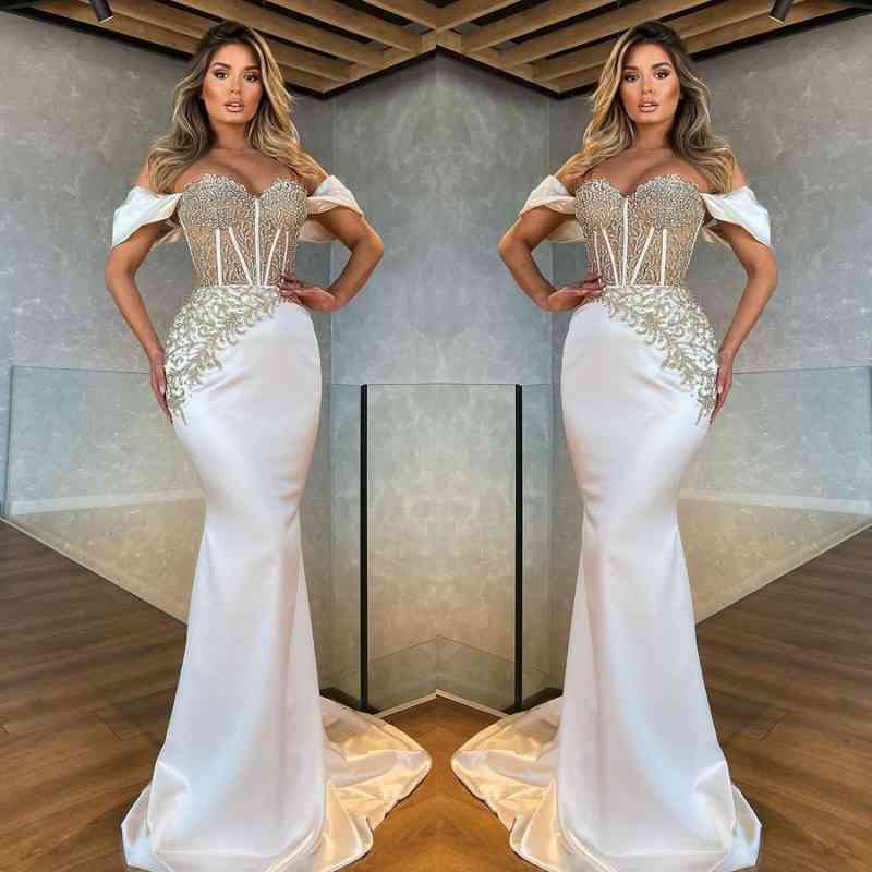 Gorgeous White Off-the-Shoulder Mermaid Prom Dress Long With Beads