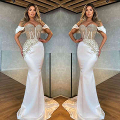 Gorgeous White Off-the-Shoulder Mermaid Prom Dress Long With Beads