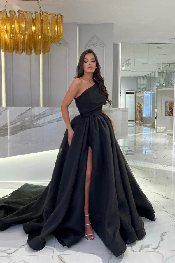 Black A Line Prom Dress One Shoulder Long Split Sleeveless