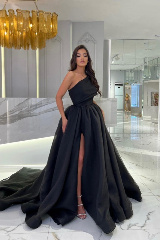 Black A Line Prom Dress One Shoulder Long Split Sleeveless